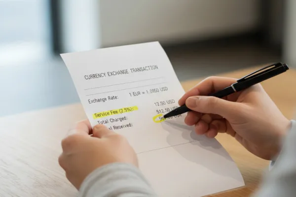 Person checking Currency Exchange fees on receipt
