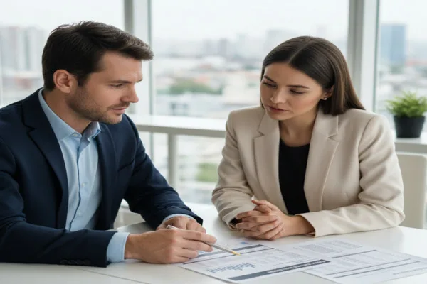 Two professionals analyzing Currency Exchange financial paperwork