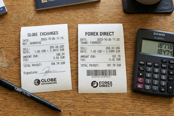 Profesional de cambio de divisas que revisa tipos de cambio y billetes
