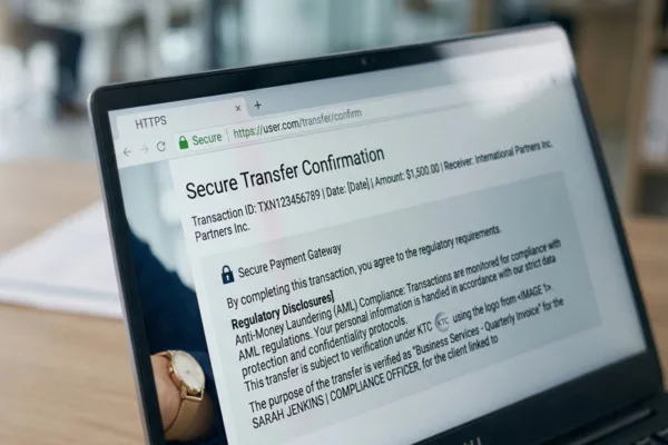 laptop screen displaying Money transfer confirmation