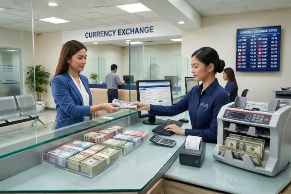 Agent counting cash during Currency Exchange transactions