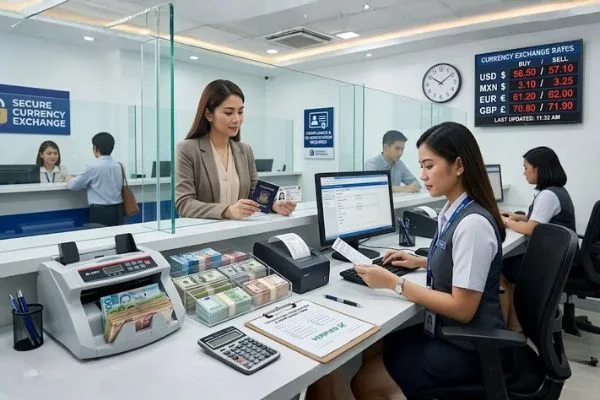 Agent verifying ID during secure Currency Exchange process