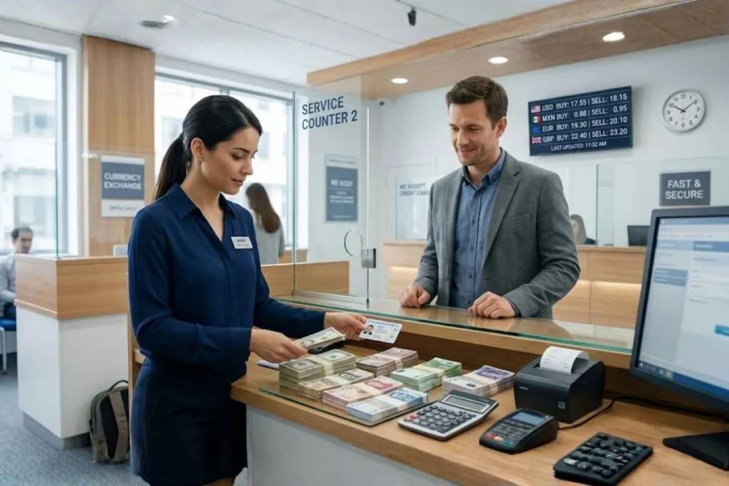 Cliente completando una rápida transacción de cambio de moneda en el mostrador
