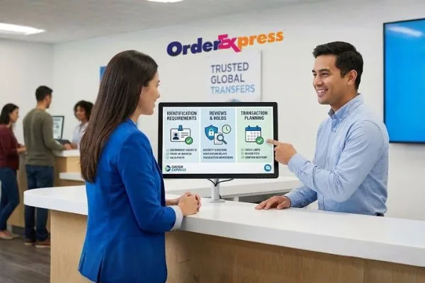 Money Transfer service counter explaining transaction limits
