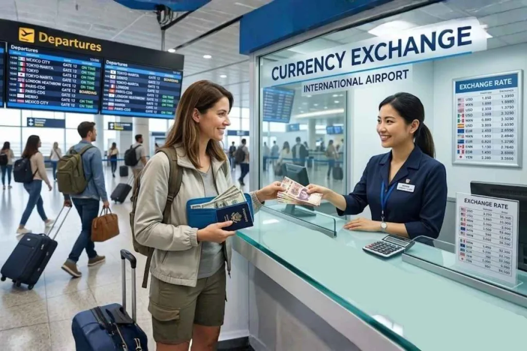 Viajero cambiando dinero en el mostrador de cambio de divisas del aeropuerto