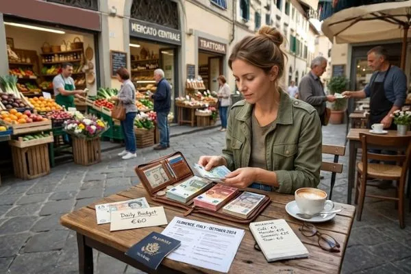 Traveler organizing daily travel cash budget