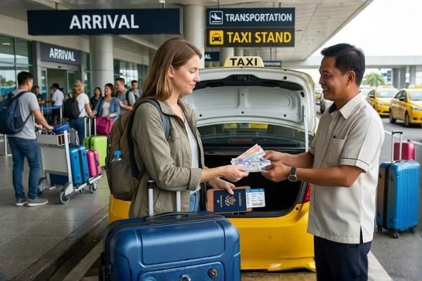 Traveler paying taxi driver with local cash