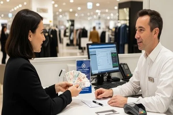 Customer starting in-store currency exchange process at counter