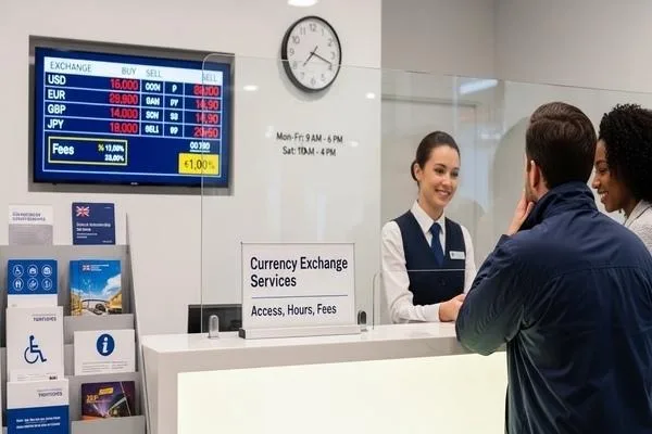 Evaluating currency exchange branch hours and fees
