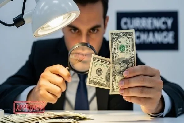 Inspecting bill condition for currency exchange approval