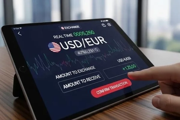 Confirming currency exchange transaction using real time rates