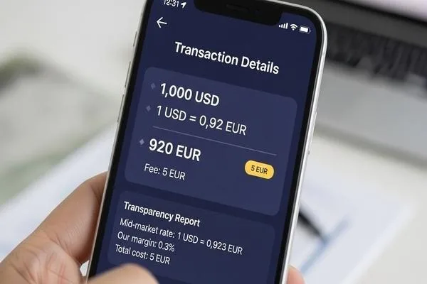 Mobile screen displaying transparent currency exchange transaction details