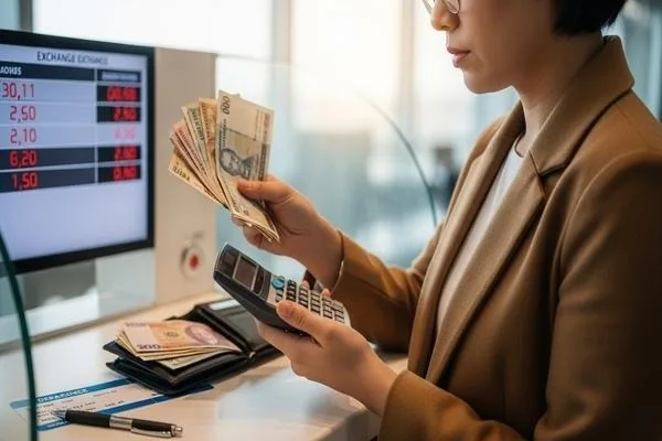Cliente verificando dos veces los cálculos de cambio de divisas antes de irse 
