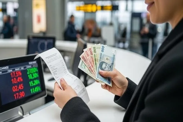 Customer reviewing receipt to finalize currency exchange