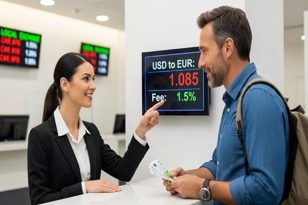 Local currency exchange explaining rates and fees clearly