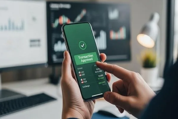 Mobile authentication confirming secure currency exchange approval