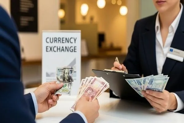 Personal del servicio financiero inspeccionando el estado del efectivo extranjero para su cambio
