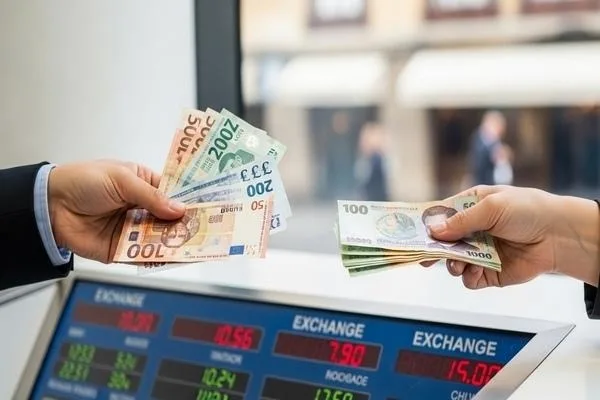 Hands exchanging foreign currency at exchange counter