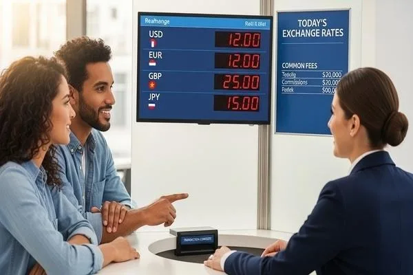 Tipos de cambio de divisas claros que se muestran para la revisión del cliente 
