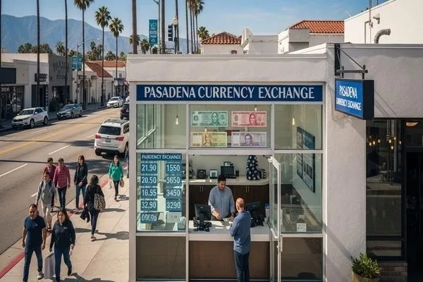 Proceso de cambio de divisas en tienda en la ubicación de Pasadena