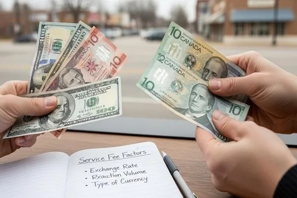 Service fee factors during Shawnee currency exchange transaction