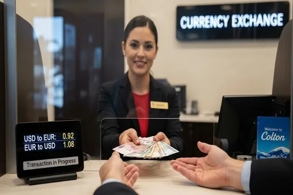 Customer completing in-person currency exchange in Colton
