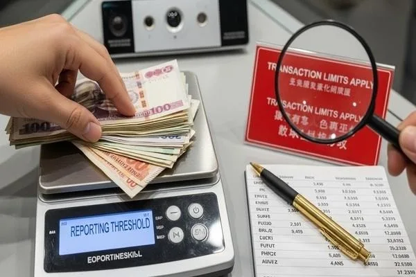 Currency exchange reporting thresholds and transaction limits display
