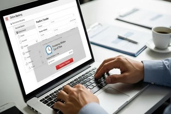 User checking money transfer timing and processing window online