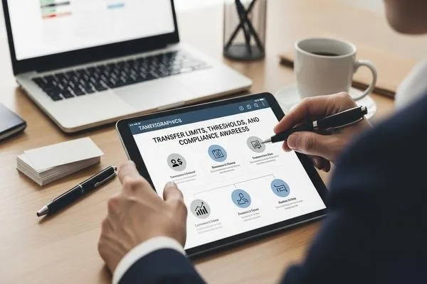 Customer reviewing transfer limits, thresholds, and compliance requirements online
