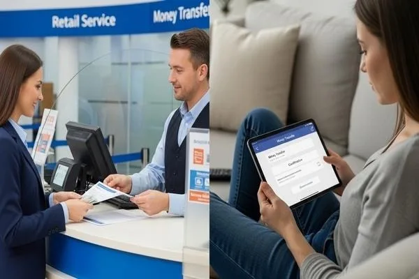 Customer sending money through retail counter and digital transfer app