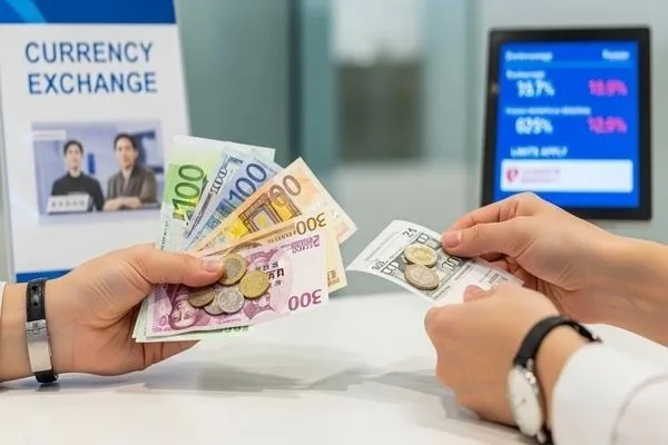 Multi currency exchange transaction showing varied banknotes exchanged