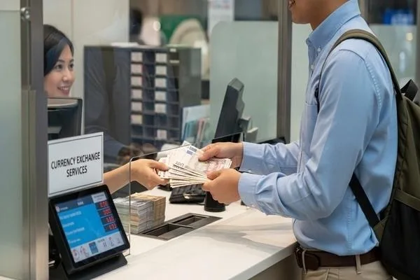 Customer preparing documents during smooth currency exchange process