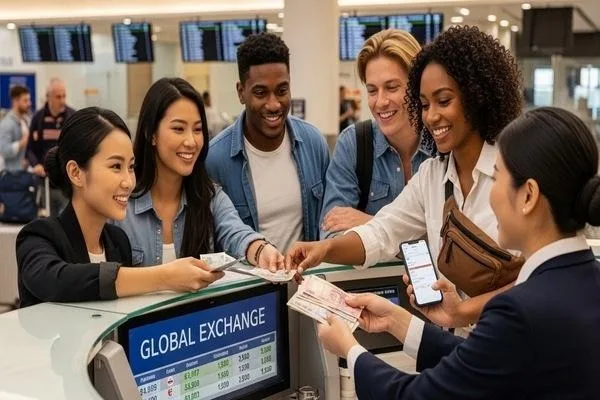 Travelers exchanging currency early for financial confidence