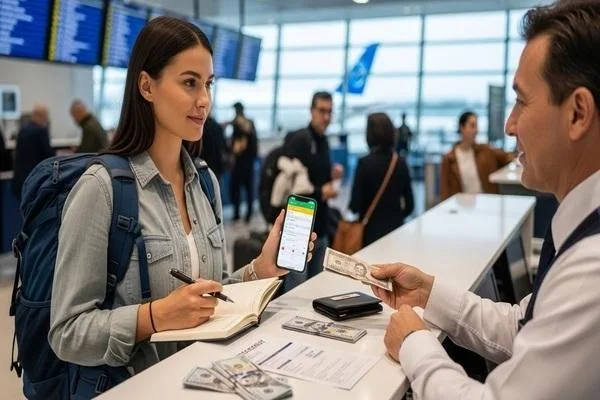 Traveler planning currency exchange for confident transactions