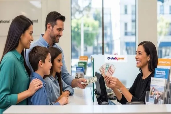 Oakland family completing currency exchange transaction together