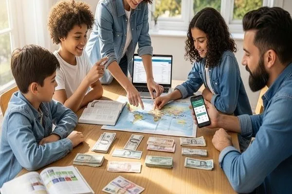 Familia que organiza las necesidades de cambio de divisas antes del viaje