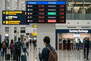 Panel de cambio de divisas del aeropuerto que muestra la disponibilidad limitada por ubicación.