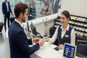 Cliente cambiando efectivo en el mostrador de cambio de divisas