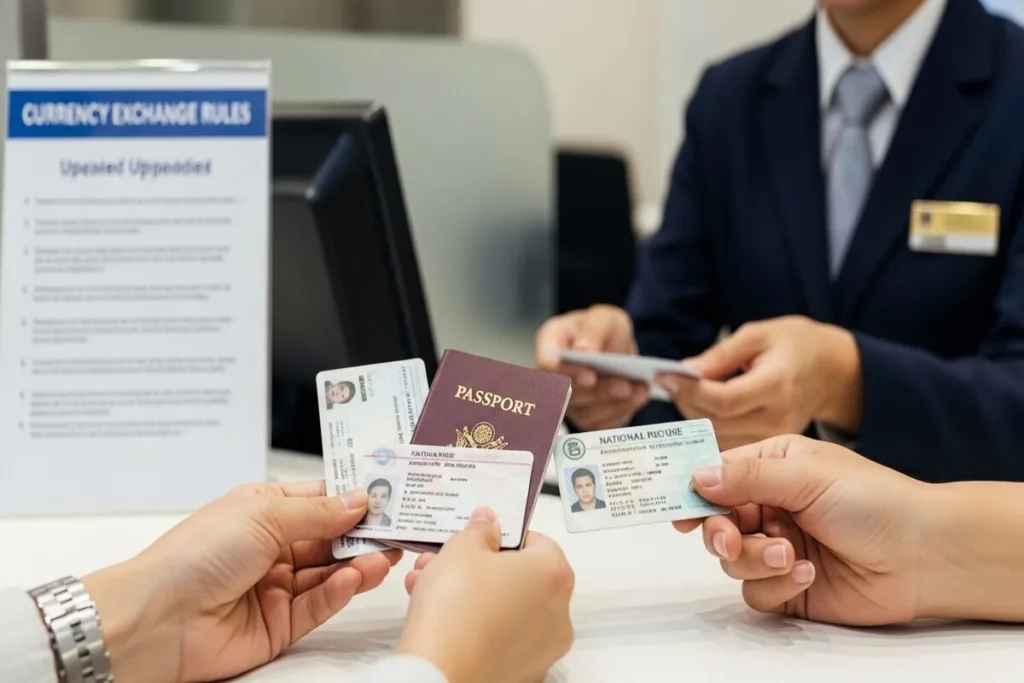 Cliente presenta pasaporte e identificación para la verificación del cambio de divisas