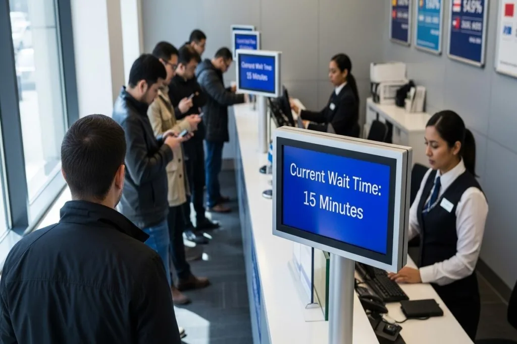Clientes esperando en la fila en la ventanilla de cambio de divisas.