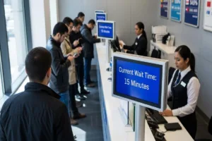 Clientes esperando en la fila en la ventanilla de cambio de divisas.