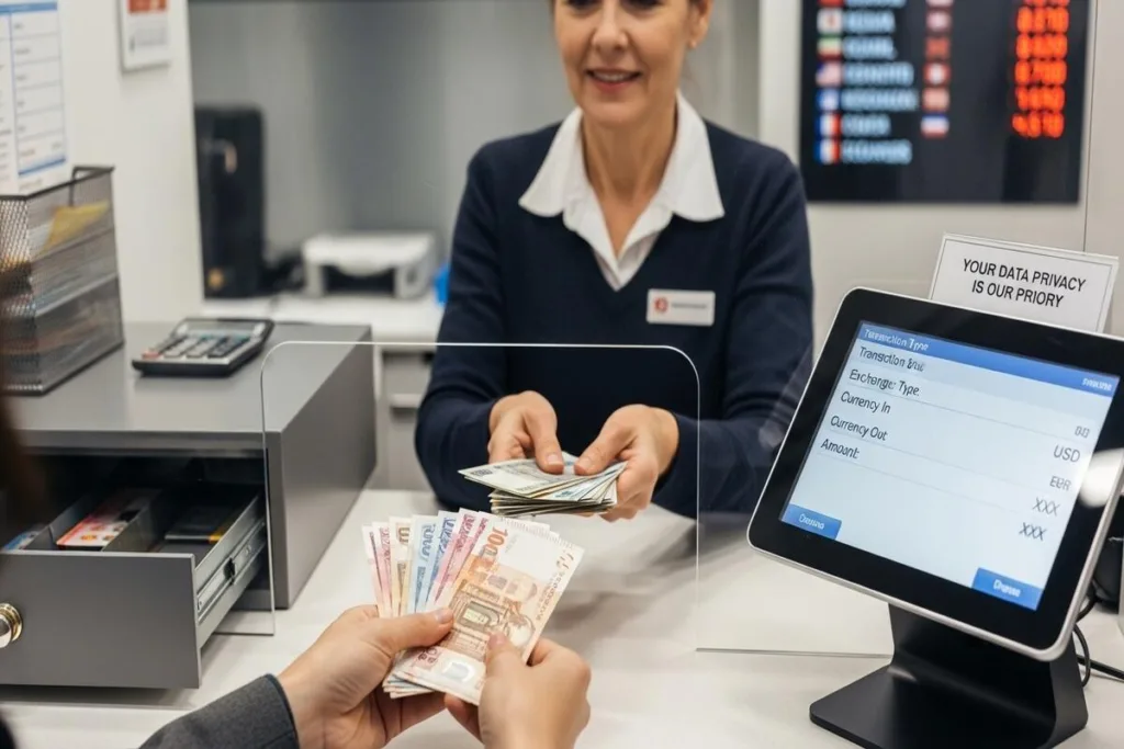 Personal realizando una transacción segura de cambio de divisas en persona.