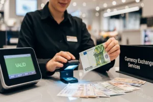 Tienda verificando moneda extranjera con herramienta de detección.