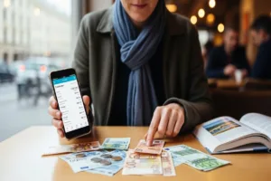 Viajero planificando el cambio de divisas con efectivo y móvil.
