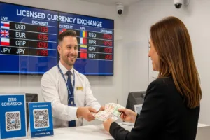 Personal de cambio de divisas de confianza que asiste a los clientes en sus transacciones.