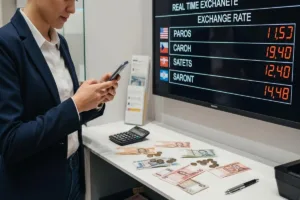 Mujer verificando las tasas en vivo antes del cambio de moneda
