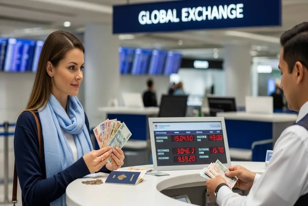 Mujer cambiando moneda extranjera en un mostrador del aeropuerto