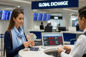 Mujer cambiando moneda extranjera en un mostrador del aeropuerto