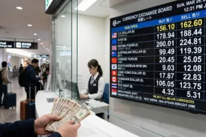 Airport Currency Exchange desk displaying international exchange rates clearly