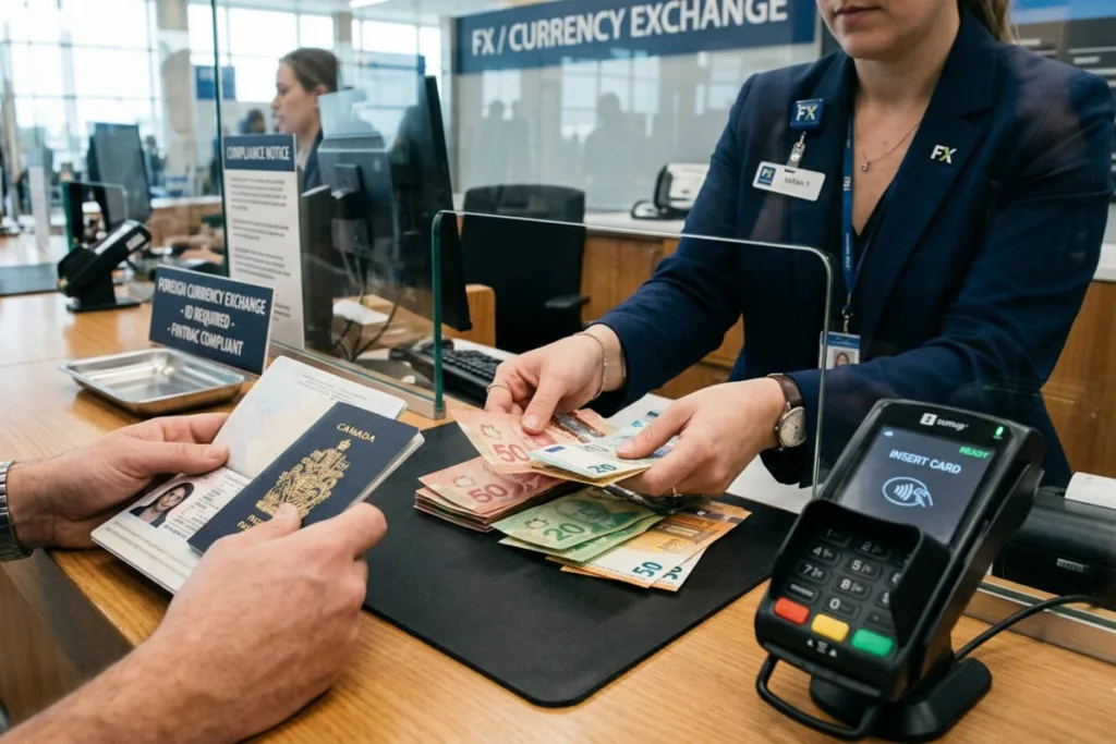 Clerk counting foreign cash at professional Currency Exchange